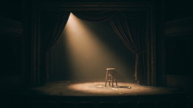 Empty theater stage with spotlight on wooden stool
