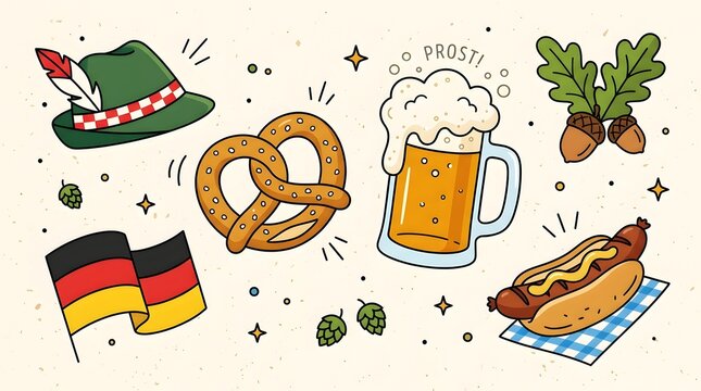 Festive Oktoberfest doodle collection with beer mug pretzel sausage and german flag elements