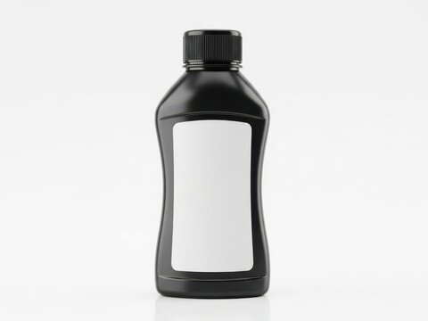 Black plastic bottle with black cap on white background