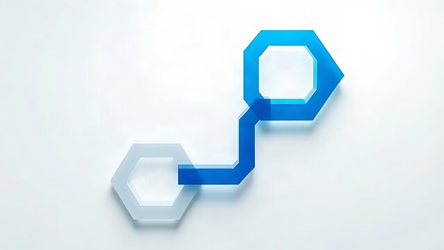 Abstract business optimization concept with interlocking geometric shapes in blue and white.
