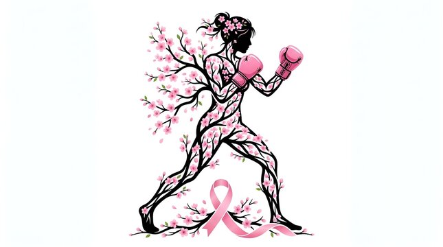 Female boxer silhouette with cherry blossoms and pink ribbon for breast cancer awareness month