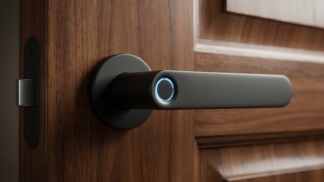 Matte black smart door handle with glowing blue fingerprint scanner on a wooden door