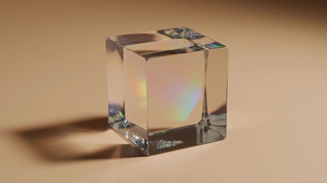 Crystal cube catches sunlight on warm tabletop. Rainbow refractions shift across glass, creating vivid caustic shadows and luxury mood. Minimal light study suits design, science, media.