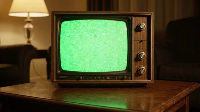 Vintage television with green screen chroma key display in retro living room setting
