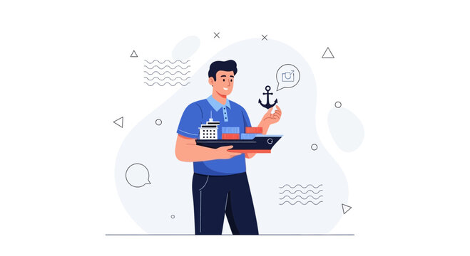 Man holding model cargo ship and anchor, symbolizing logistics, import-export, and maritime industry