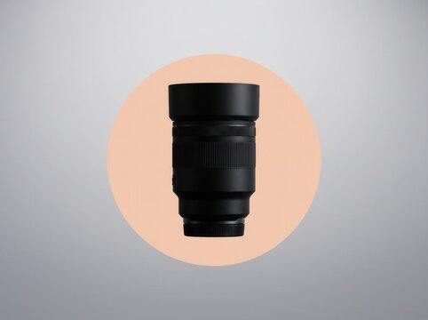 Black telephoto camera lens standing upright on a pink circular podium