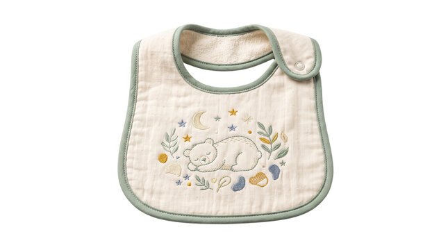 Organic cotton baby bib with embroidered sleeping bear, soft muslin infant feeding accessory, neutral nursery apparel for newborns