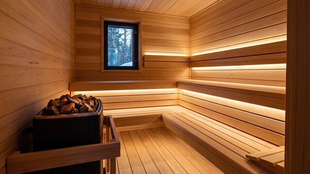Modern wooden sauna interior with glowing lights, stone heater, and snowy window view