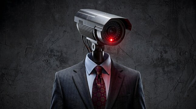Security camera head on man in business suit against dark wall with tie surveillance camera wearing suit
