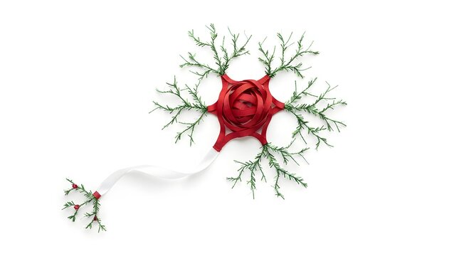 Neuron cell structure made from Christmas ornaments and pine branches on white background