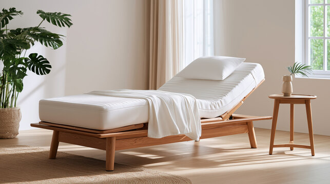 Adjustable white mattress on wooden lounge chair with pillow and blanket