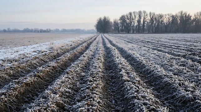 A frozen plowed field in winter showcasing agricultural land relevant to farming nampa practices and soil preparation