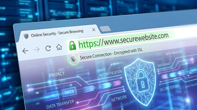 Secure Online Connection: A computer screen displays a secure website with an HTTPS connection, symbolizing online safety and digital security.