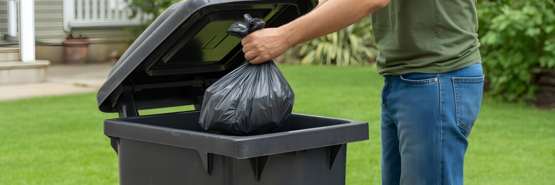 Person depositing a full black plastic garbage bag into an outdoor wheelie bin