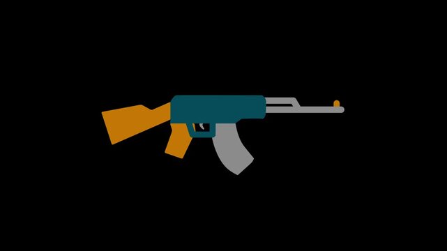 Animation of a rifle firing with a rapid muzzle flash and bullet trail, military weapon shooting animation on black background.