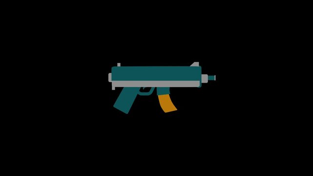 Sub machine gun firing icon animation, compact tactical firearm motion graphic. Military and hunting weapons firing concept animation.