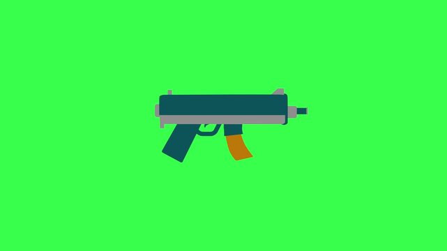 Sub machine gun firing icon animation, compact tactical firearm motion graphic. Military and hunting weapons firing concept animation.