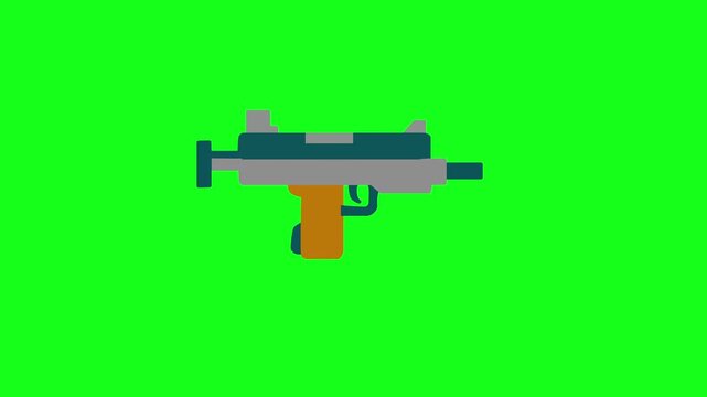 Military weapon firing concept animation. Compact sub machine gun icon shooting animation, tactical firearm motion graphic on white background