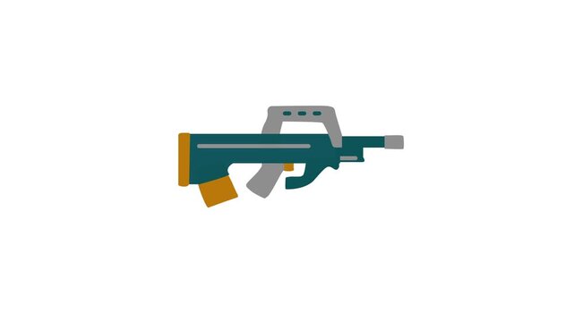 Bull pup assault rifle icon firing animation, futuristic sub machine gun shooting animation military weapon concept.