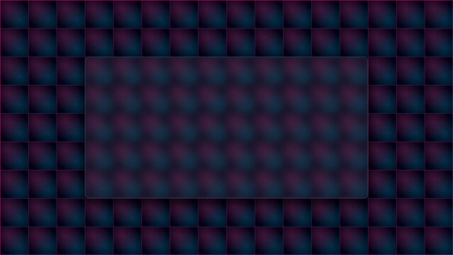 Abstract darkroom output digital background with futuristic deep purple and blue tiled geometric textures featuring a central semi-transparent overlay frame