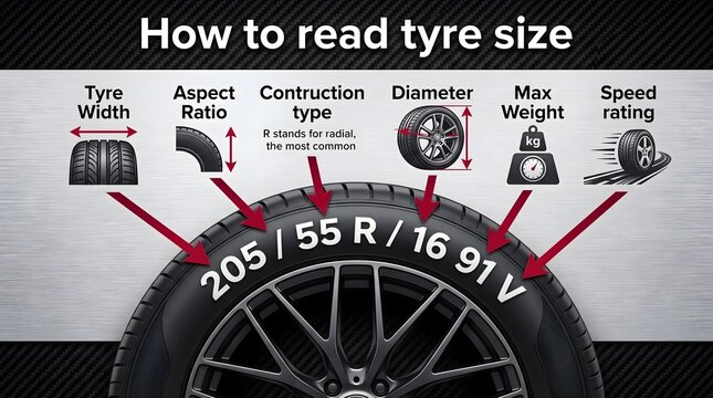 Infographic diagram explaining the meaning of alphanumeric codes printed on a vehicle car tyre sidewall