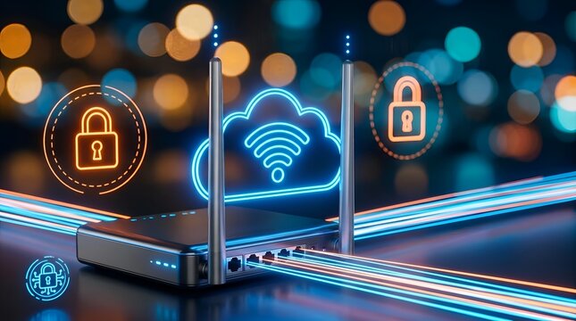Secure Wi-Fi Router with Cloud Connection and Data Protection Icons