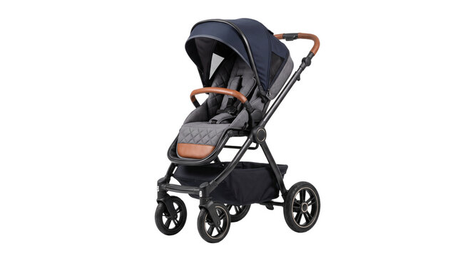 Modern navy blue baby stroller with leather handles, premium infant pram on white background, luxury child carriage for travel