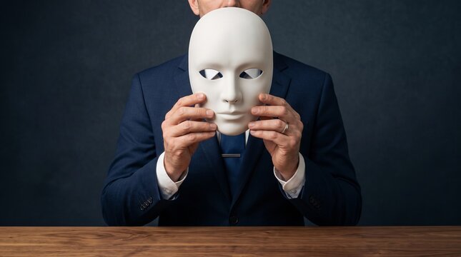 Businessman Holding a White Mask to Represent Hidden Identity