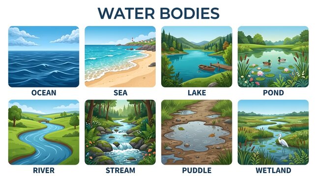 Educational poster showing various types of natural water bodies including ocean sea lake pond river stream puddle