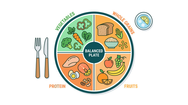 A colorful infographic illustration of a healthy balanced food plate divided by dietary categories