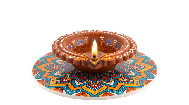 Decorative traditional clay oil lamp for happy diwali festival celebration isolated on transparent background