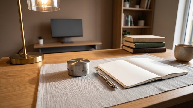 Open blank notebook with pen and metallic timer on wooden desk in a modern home office workspace