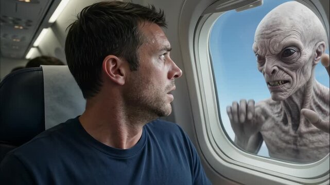 Shocked passenger on a flying plane looking into the face of an alien outside the window