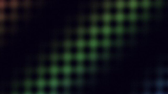 Glowing digital halftone dots arranged in a diagonal pattern shifting colors across this abstract motion video clip showing dynamic light waves moving through dark space