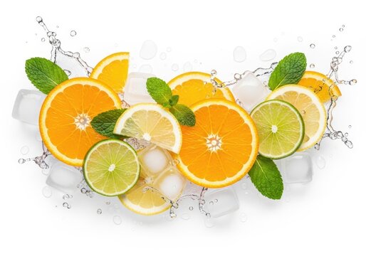 Fresh citrus fruits with water splash and leaves illustration