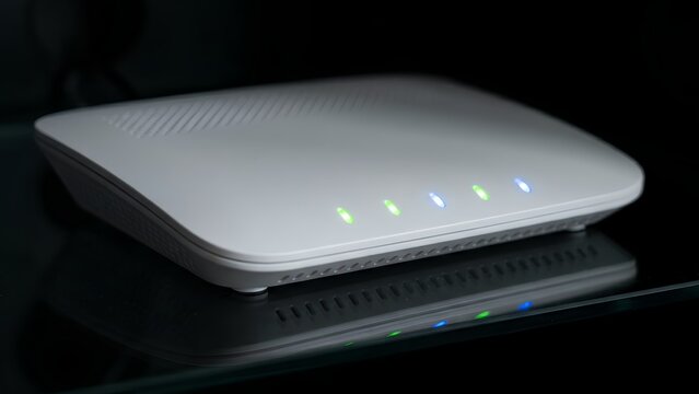 White internet router with glowing LED lights