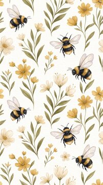 Cute Honey Bee and Yellow Wildflower Seamless Pattern