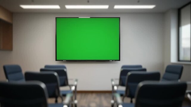 Modern Conference Room Meeting Space with a Large Blank Green Screen Display for Professional Corporate Presentations