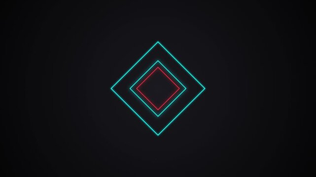 Glowing neon rhombus shapes pulsing with rhythmic energy in a seamless looping digital motion footage clip displaying vibrant light patterns against a deep black background