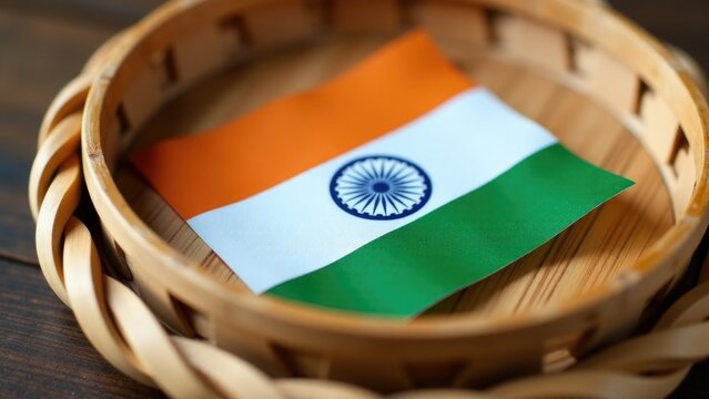 A traditional Indian flag in a woven basket on a table, great for patriotic or cultural themed projects