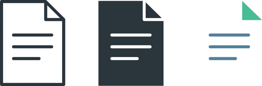 Document icon set, text file and paper page vector symbols