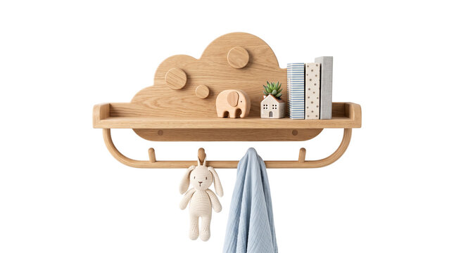 Minimalist wooden cloud shelf for nursery decor, light oak wall organizer with hooks, scandinavian kids room storage furniture