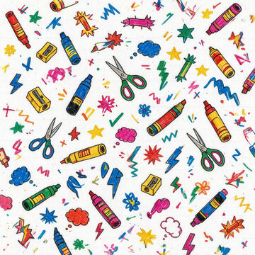Bright hand drawn crayon doodle pattern featuring colorful crayons, scissors, lightning bolts, stars, flowers and playful symbols on a white background for children's creative school designs.