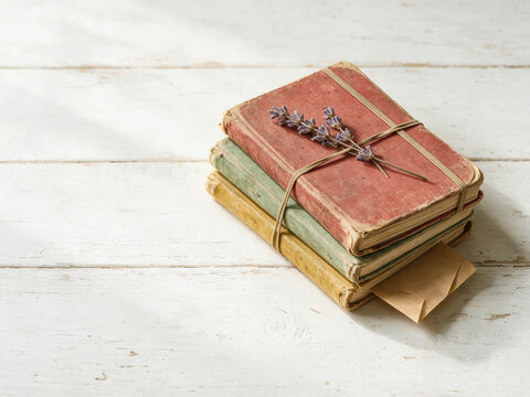 Stack of weathered vintage notebooks tied with natural twine and decorated with lavender, creating a nostalgic handmade journaling scene.