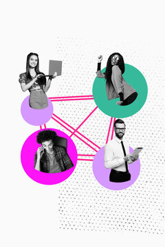 Template sketch image composite collage of colleagues young lady man chat connection talk phone tablet leptop device virtual friends