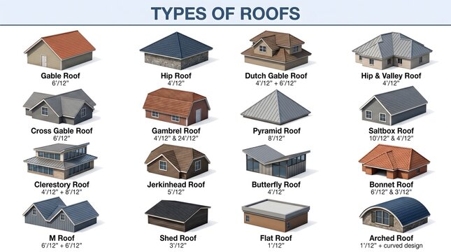 Illustrated architectural infographic with Isometric diagram showing different house roof types types pitches