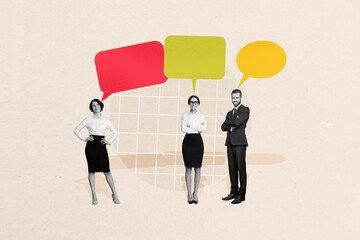Image full pop trend collage of three happy business partners stand together bubble teamwork...