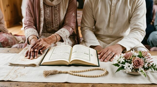 Muslim couple's hands during Nikah ceremony