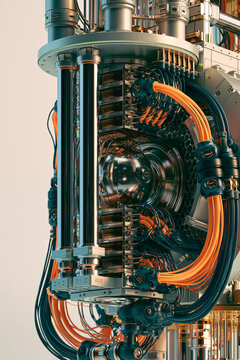 Beschreibung: Detaillierte technische Illustration eines Quantencomputers mit Kabeln und K&uuml;hlsystem, Metallic Farbton, futuristischer Stil, geeignet f&uuml;r Technologiepr&auml;sentationen.
