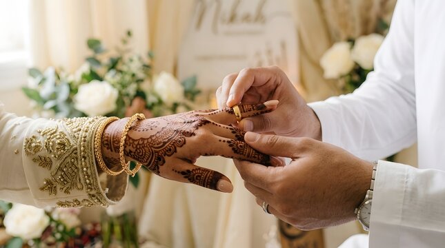 Muslim groom places ring on bride's hennaed hand